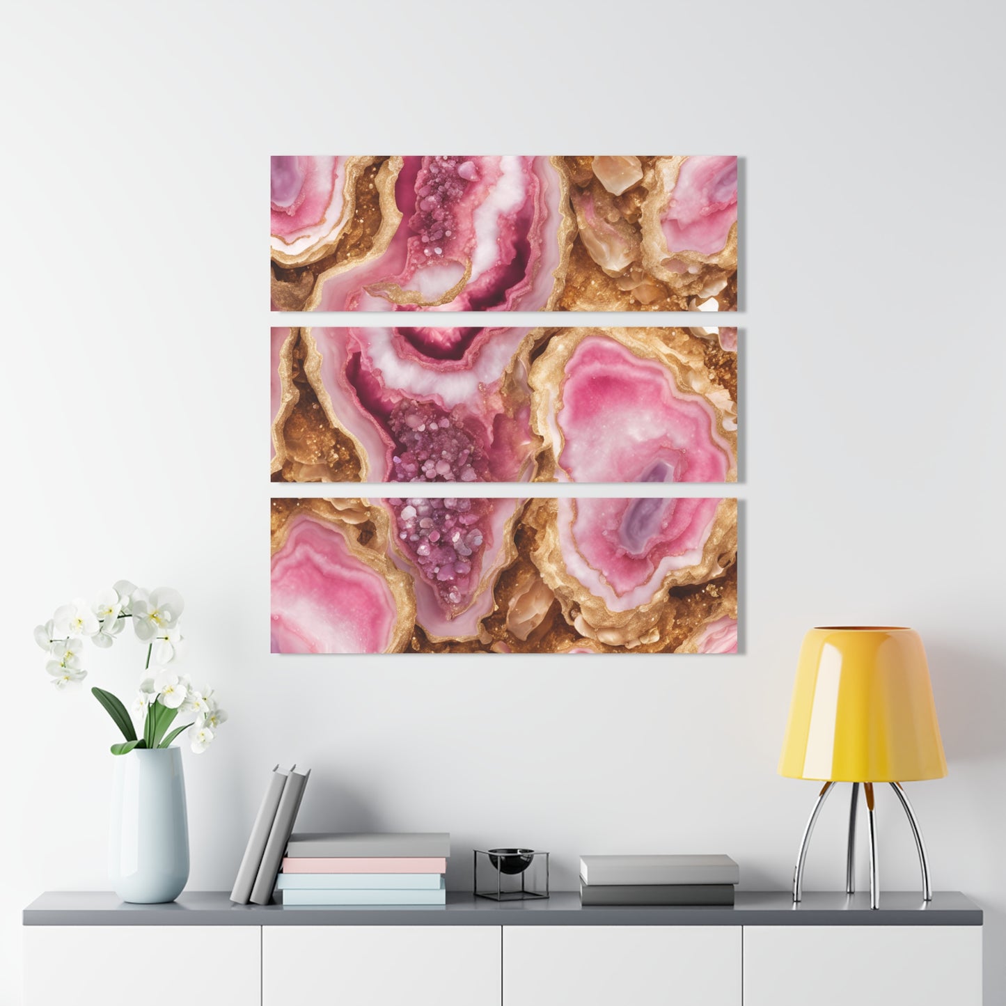 Stunning Pink Geode Quartz Crystal Design Triptych Acrylic Print Wall Art Nature Lover Gift Geology Rock Lover Gift