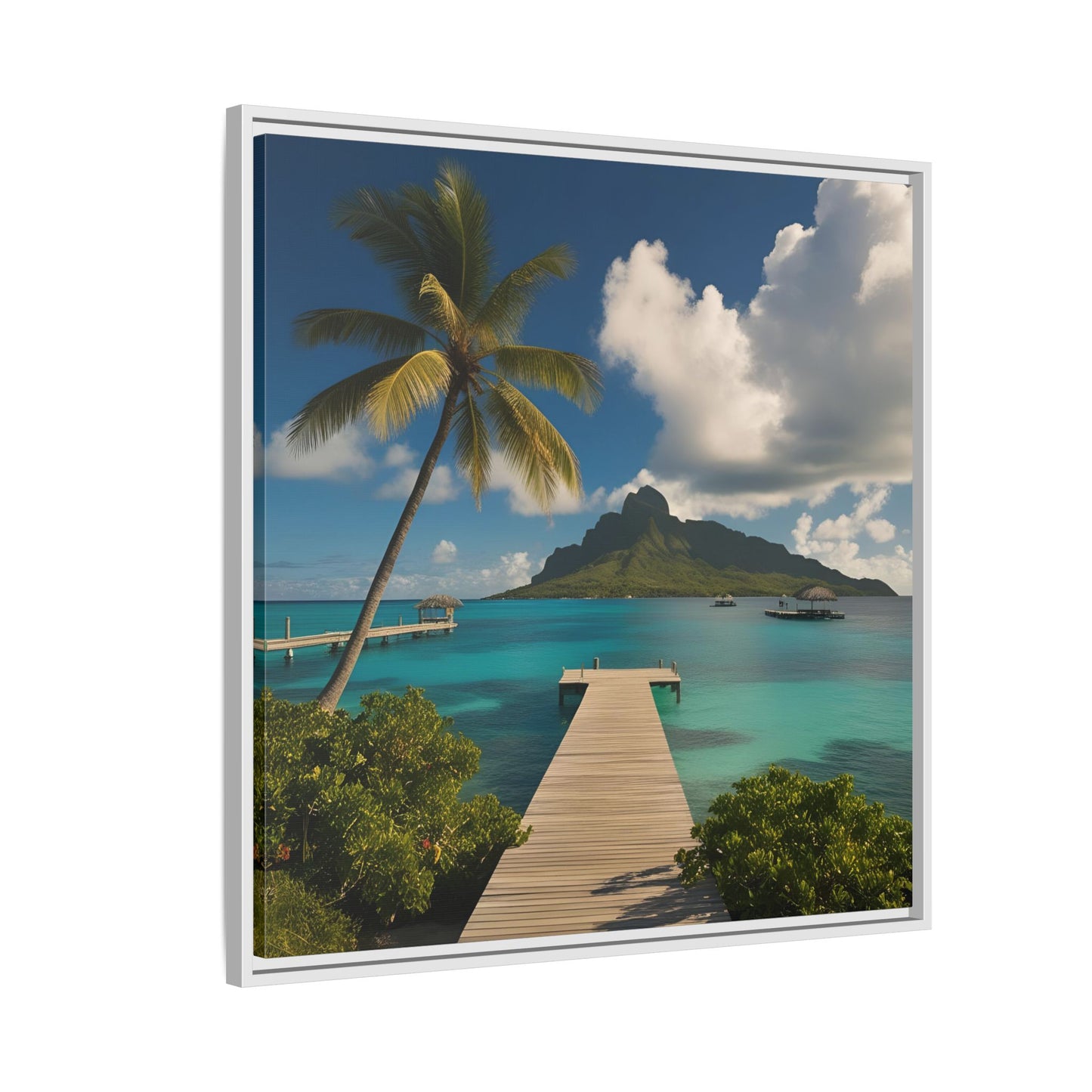 Tropical Island Calm Sunny Day Framed Canvas Wall Art Volcano Beach Vacation Oceanic Gift Nature Lover Peaceful Zen Gift 3 frame colors