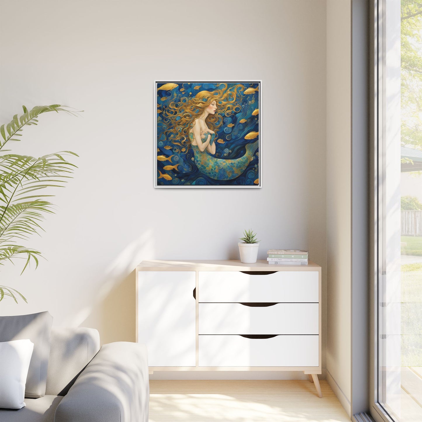 Modern Abstract Mermaid Design Unique Framed Canvas Oceanic Wall Art Underwater Gold Fish Anime Gift Nature Lover Gift 3 frame colors
