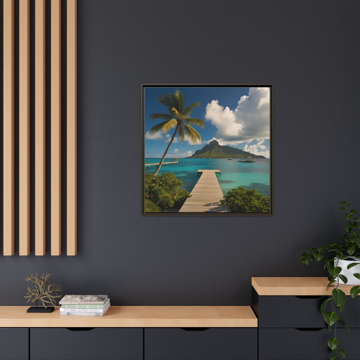 Tropical Island Calm Sunny Day Framed Canvas Wall Art Volcano Beach Vacation Oceanic Gift Nature Lover Peaceful Zen Gift 3 frame colors