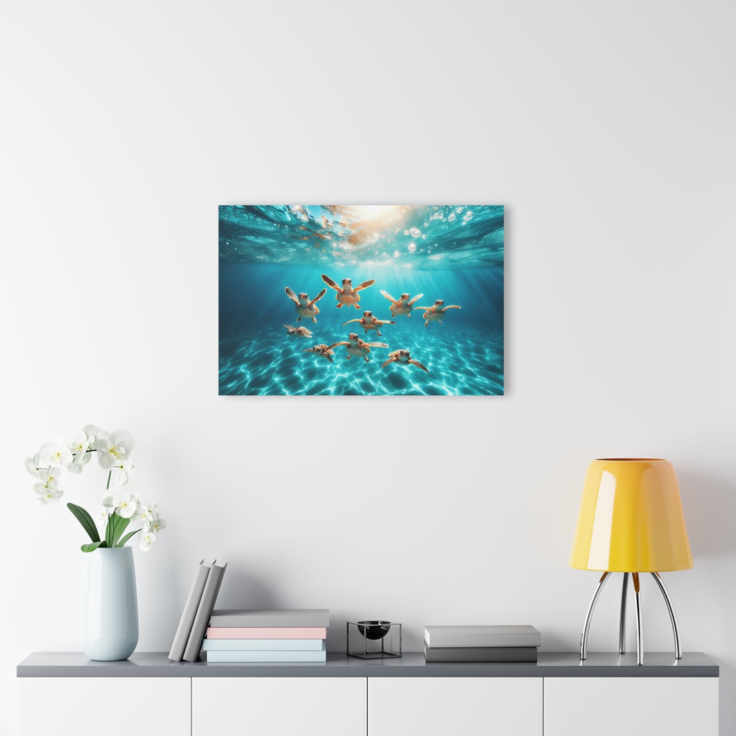 Baby Sea Turtles Out for a Swim Acrylic Print with French Cleat Sea Life Wall Art Underwater Beachy Nature Relaxing Ocean Modern Home Decor