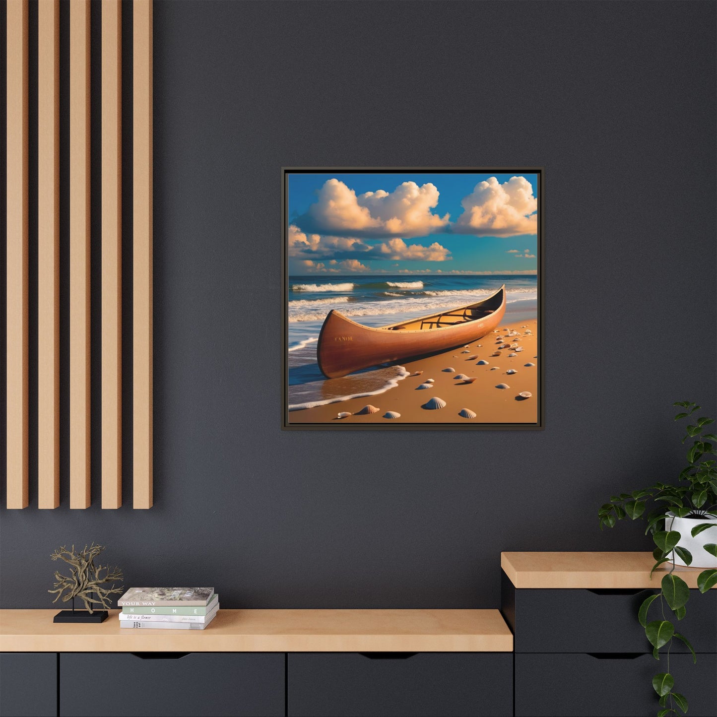Canoe on the Beach Calm Sunny Day Framed Canvas Wall Art Beach Lover Vacation Oceanic Gift Nature Lover Peaceful Zen Gift 3 frame colors