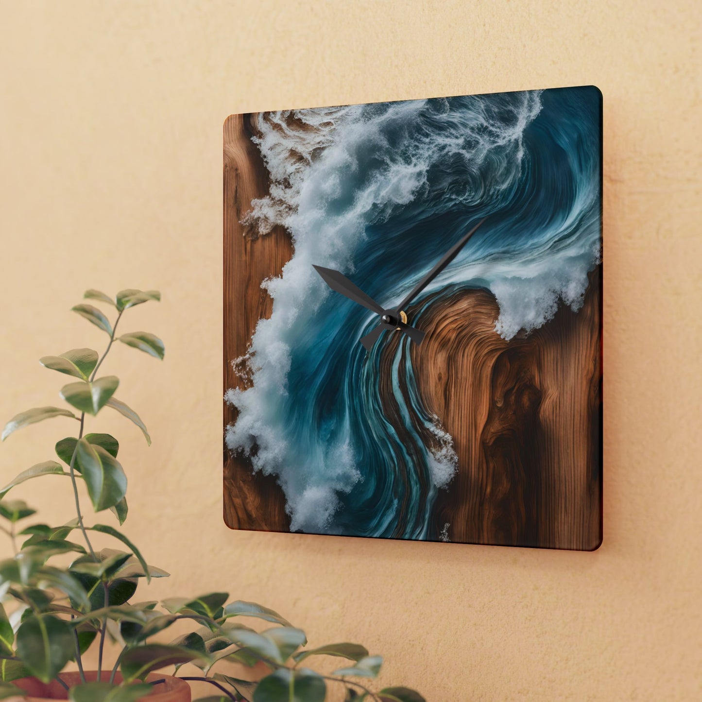 Rustic Wood-look Ocean Waves-inspired Design Acrylic Clock Unique Colorful Wall Clock for Kitchen or Living Room Nature Lover Surfer Gift
