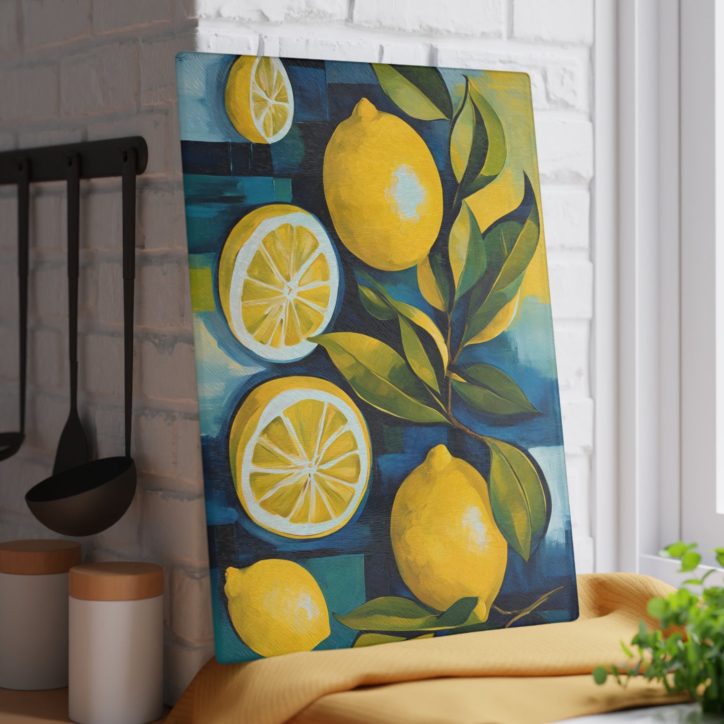 Kitchen Decor Glass Cutting Board Serving Tray with Modern Lemon Pattern Cutting Board Gift for Home Cook Charcuterie Board