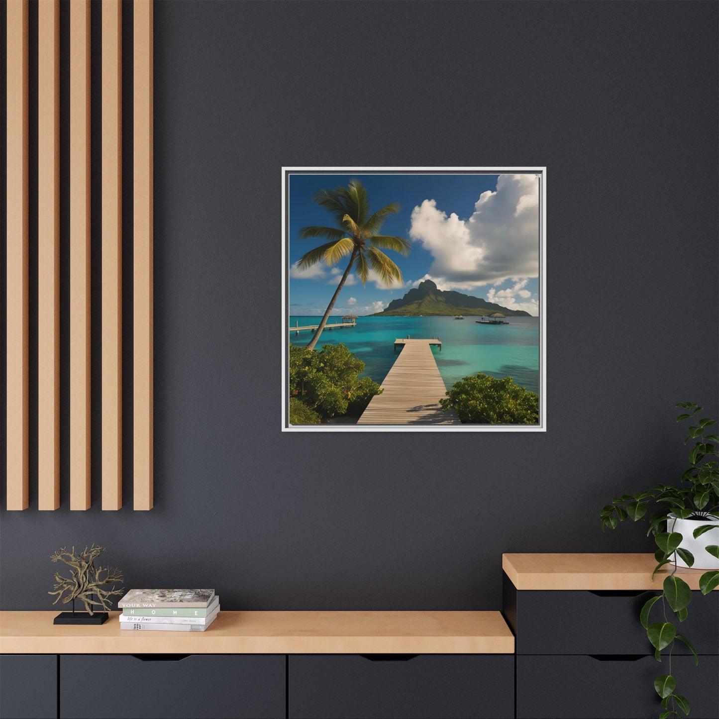 Tropical Island Calm Sunny Day Framed Canvas Wall Art Volcano Beach Vacation Oceanic Gift Nature Lover Peaceful Zen Gift 3 frame colors