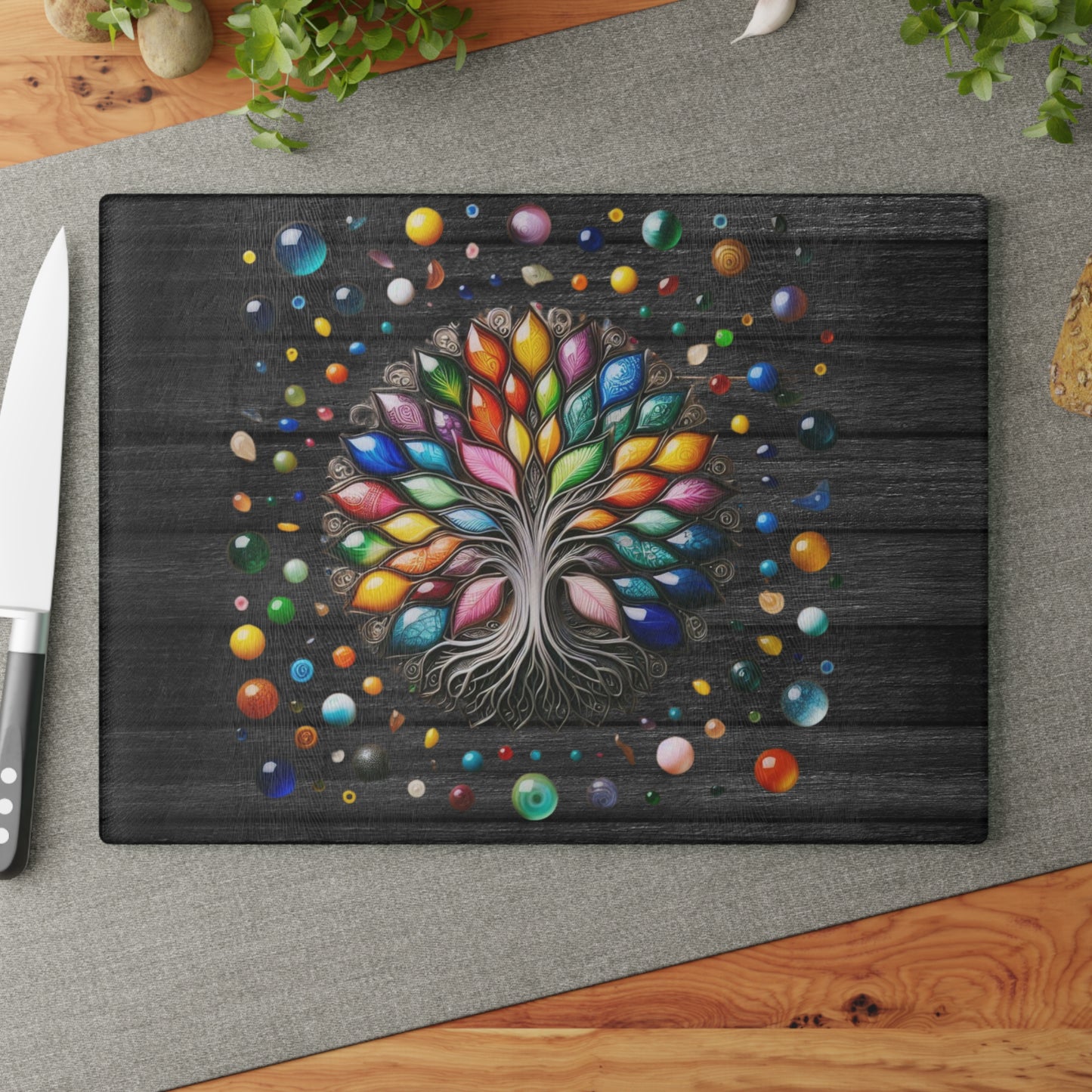 Glass Kitchen Decor Glass Cutting Board Serving Tray with Tree of Life Design Cutting Board Gift for Home Cook Glass Charcuterie Board