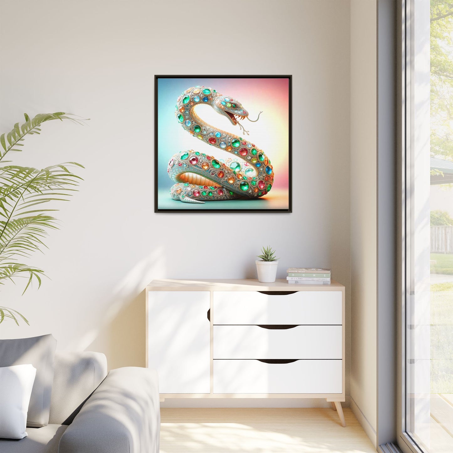 Bejeweled Snake Framed Canvas Print Wall Art Unique Fashion Designer Haute Couture Fashionista Animal Lover Gift Decor 3 Frame Colors