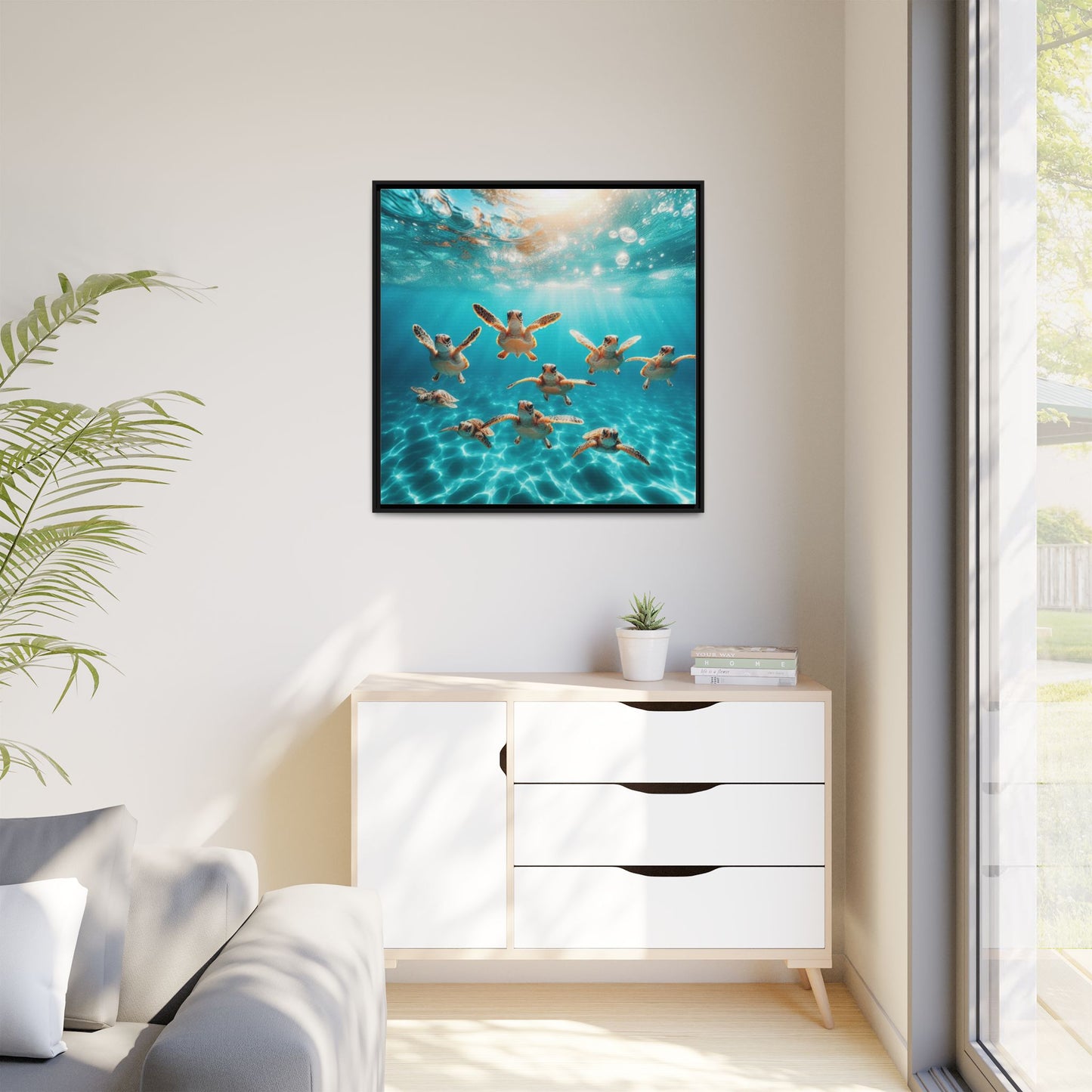Baby Sea Turtles Out for a Swim Framed Canvas Wall Art Beach Lover Vacation Oceanic Gift Nature Lover Peaceful Zen Gift 3 frame colors