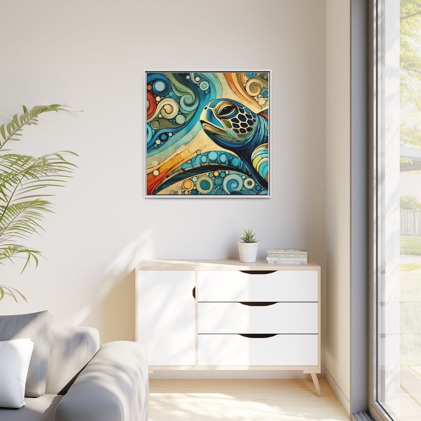 Modern Sea Turtle Print Abstract Design Unique Framed Canvas Print Oceanic Wall Art Animal Lover Gift Nature Lover Decor 3 frame colors