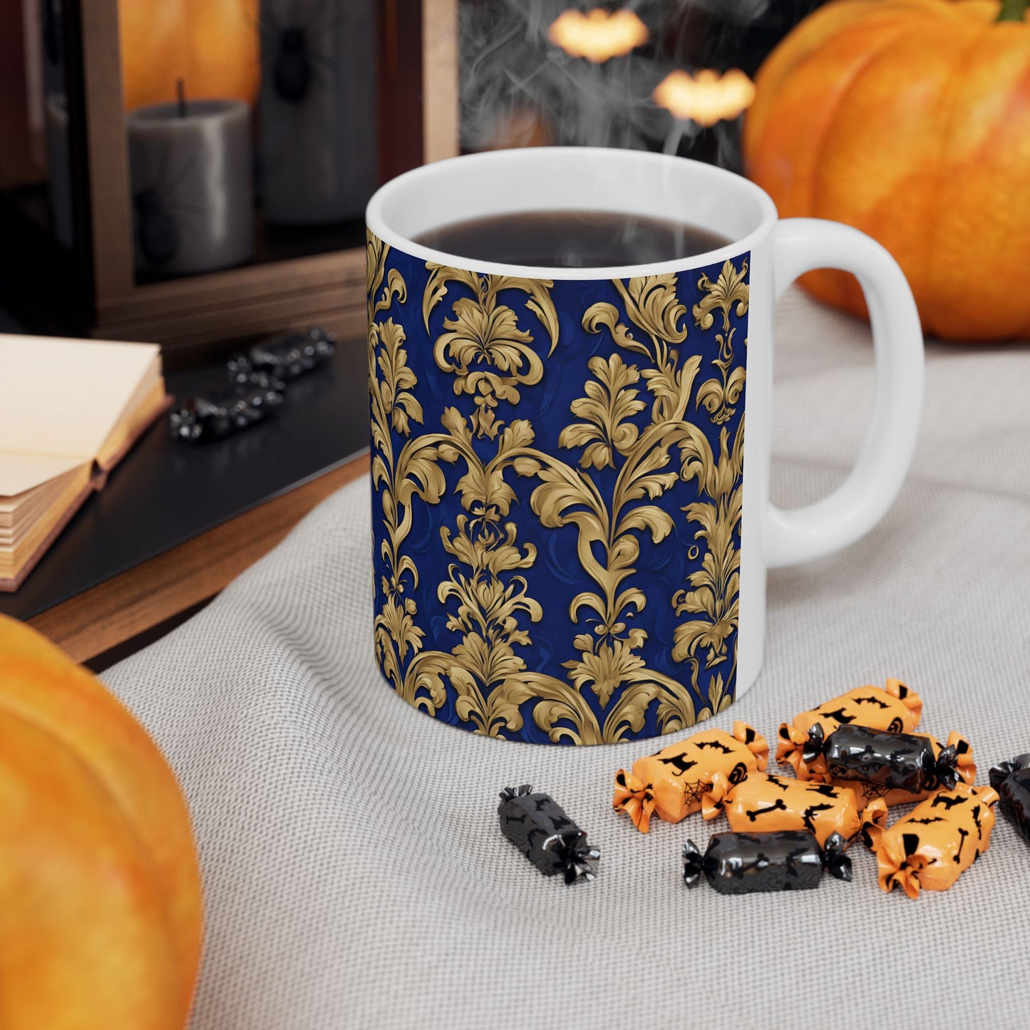 Beautiful Royal Blue and Gold Damask Vintage Tapestry Design Pattern Ceramic Mug, (11oz)