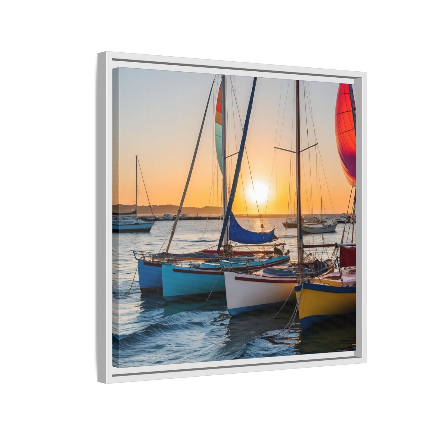 Sailboats at Sunset in Harbor Framed Canvas Wall Art Beach Lover Vacation Oceanic Gift Nature Lover Peaceful Zen Sunrise Art 3 frame colors