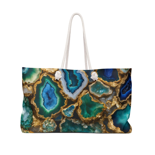Green and Blue Geode Design Weekender Tote Bag Gemstone Image Grocery Shopping Bag Cottage Core Rock Lover Boho Bag Geology Tote Mom Gift