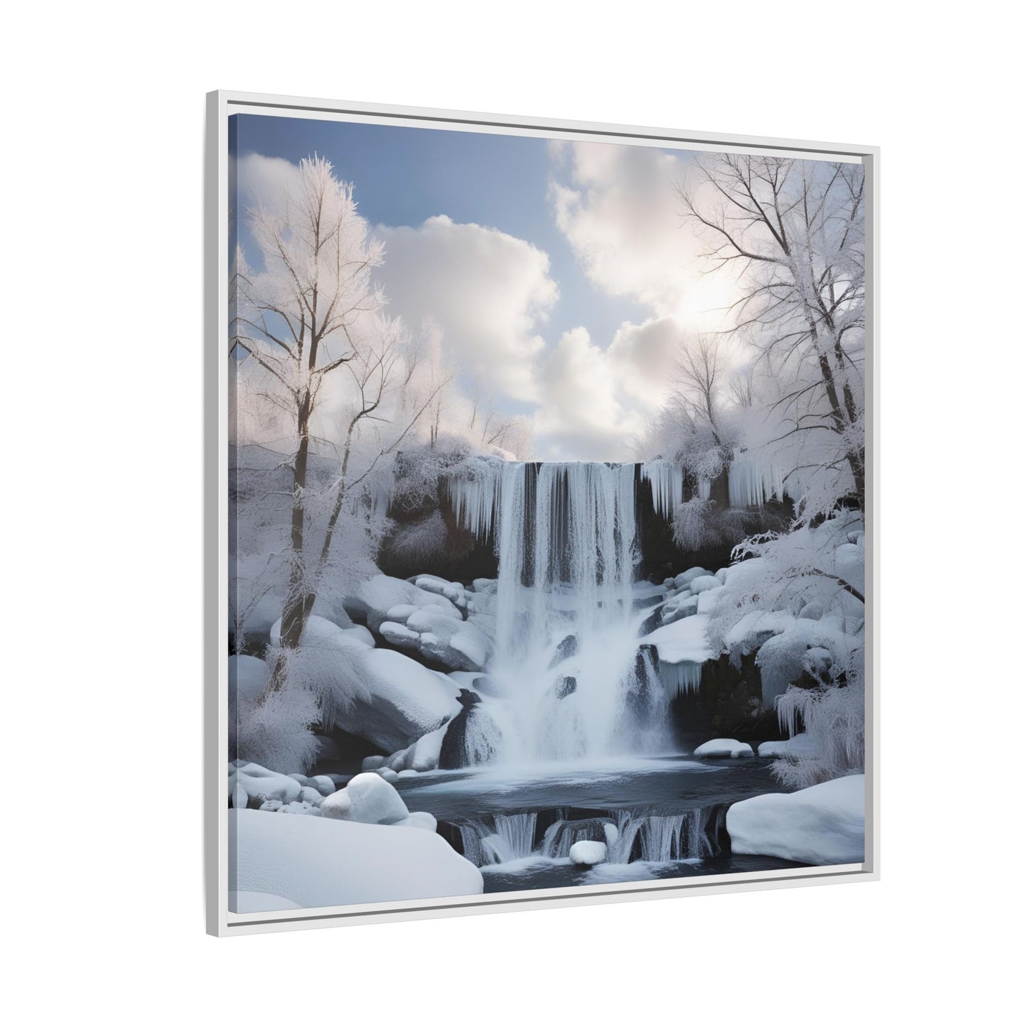 Modern Snowy Waterfall Design Unique Framed Canvas Wall Art Winter Scene Nature Lover Gift Mountain Landscape Decor Gift 3 frame colors