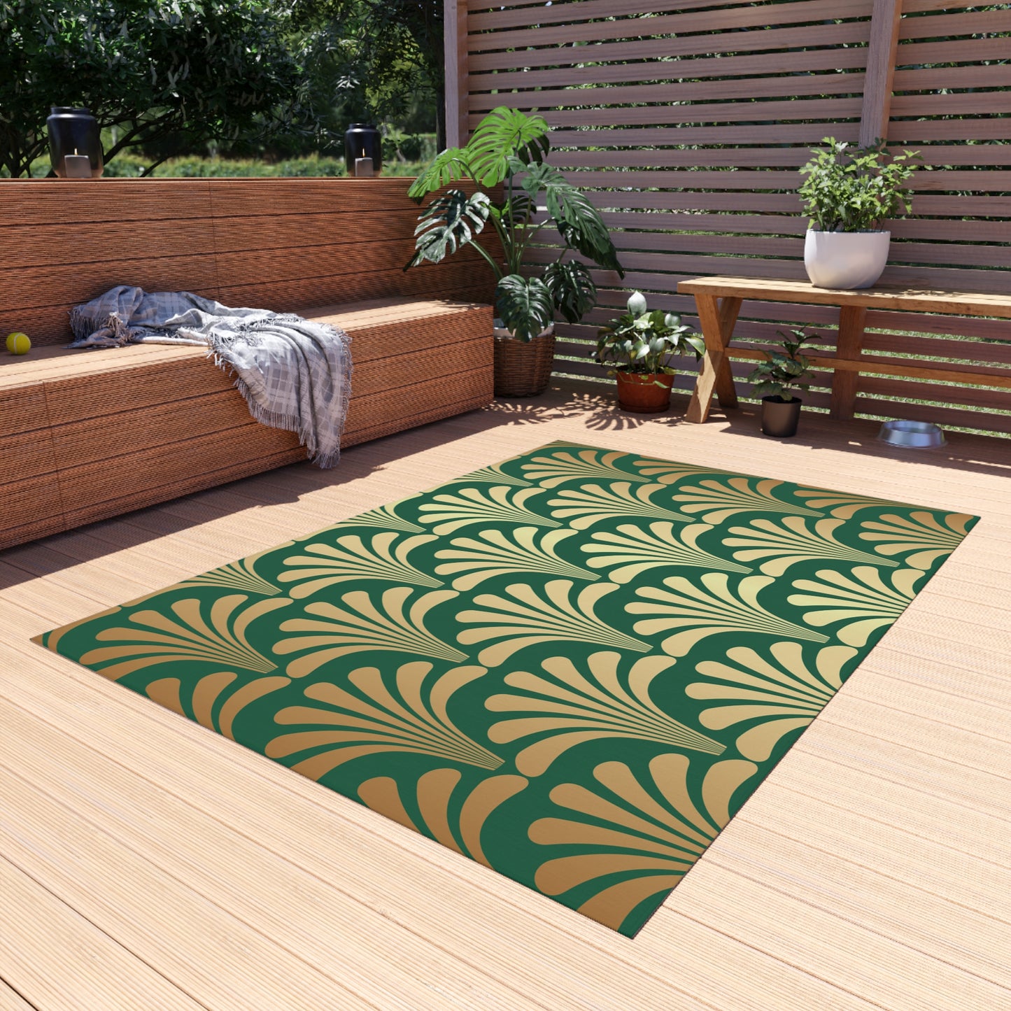 Chenille Outdoor Rug with No-Skid Backing Cozy Green and Gold Outdoor Carpet Patio Decor Gazebo Rug Pool Area Decor Outdoor Kitchen Rug