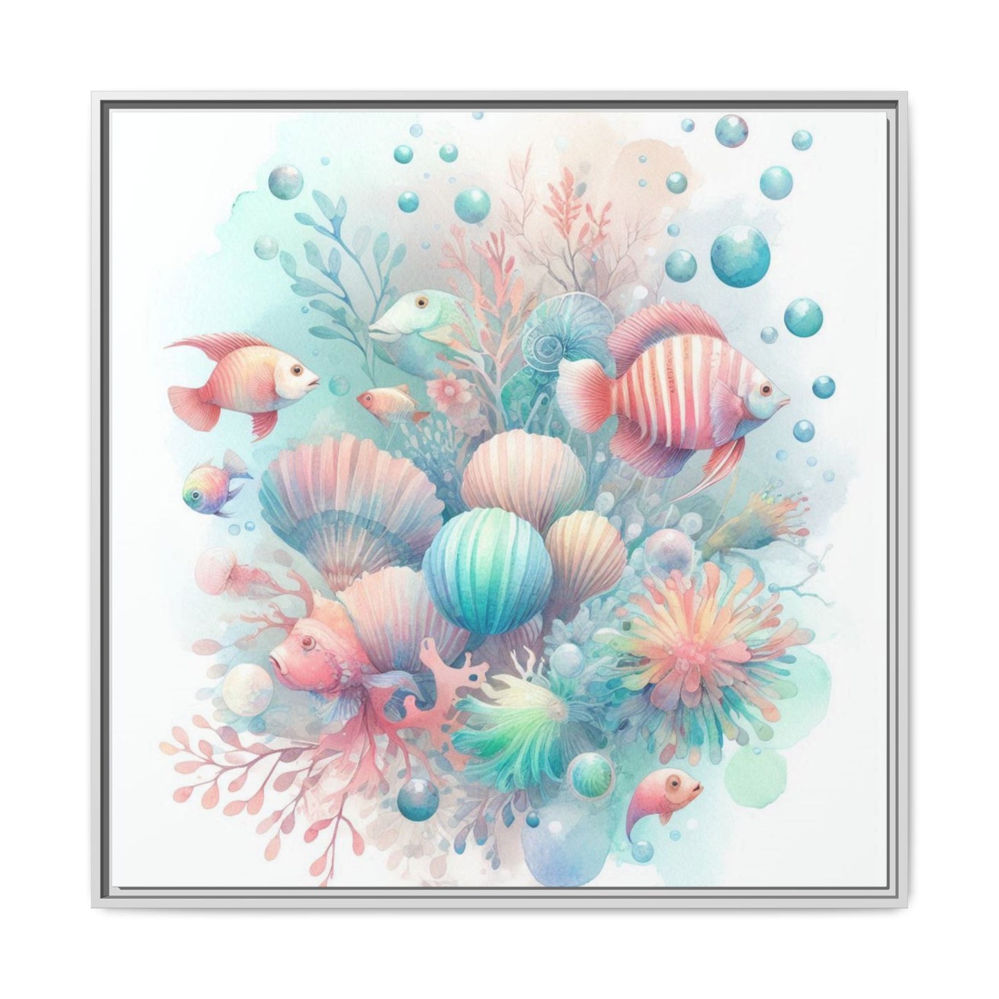 Whimsical Nursery Decor Pastel Underwater Design Unique Sweet Baby Room Framed Canvas Ocean Fish Print Unisex Baby Shower Coral Reef Gift