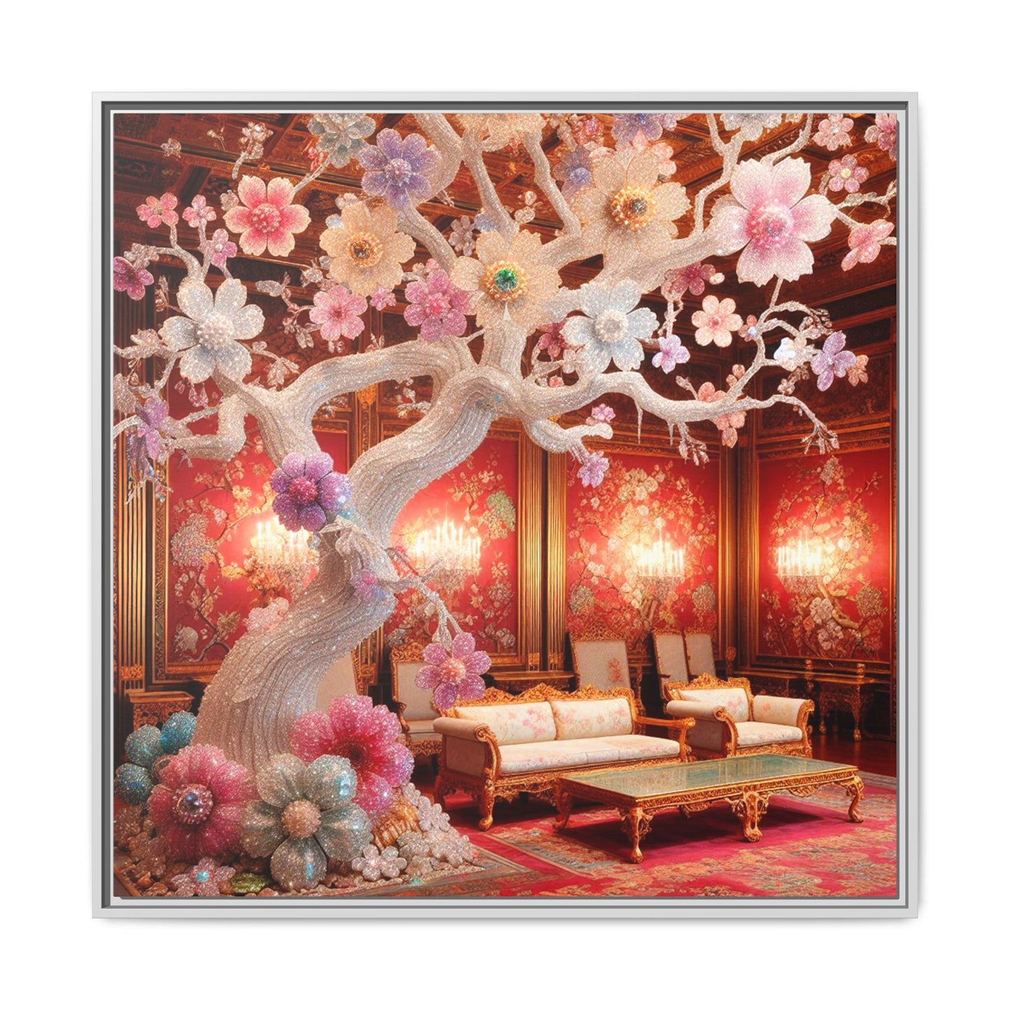Bejeweled Bonzai Tree Framed Canvas Print Wall Art Unique Nature Lover Asian Art Gift Decor 3 Frame Colors
