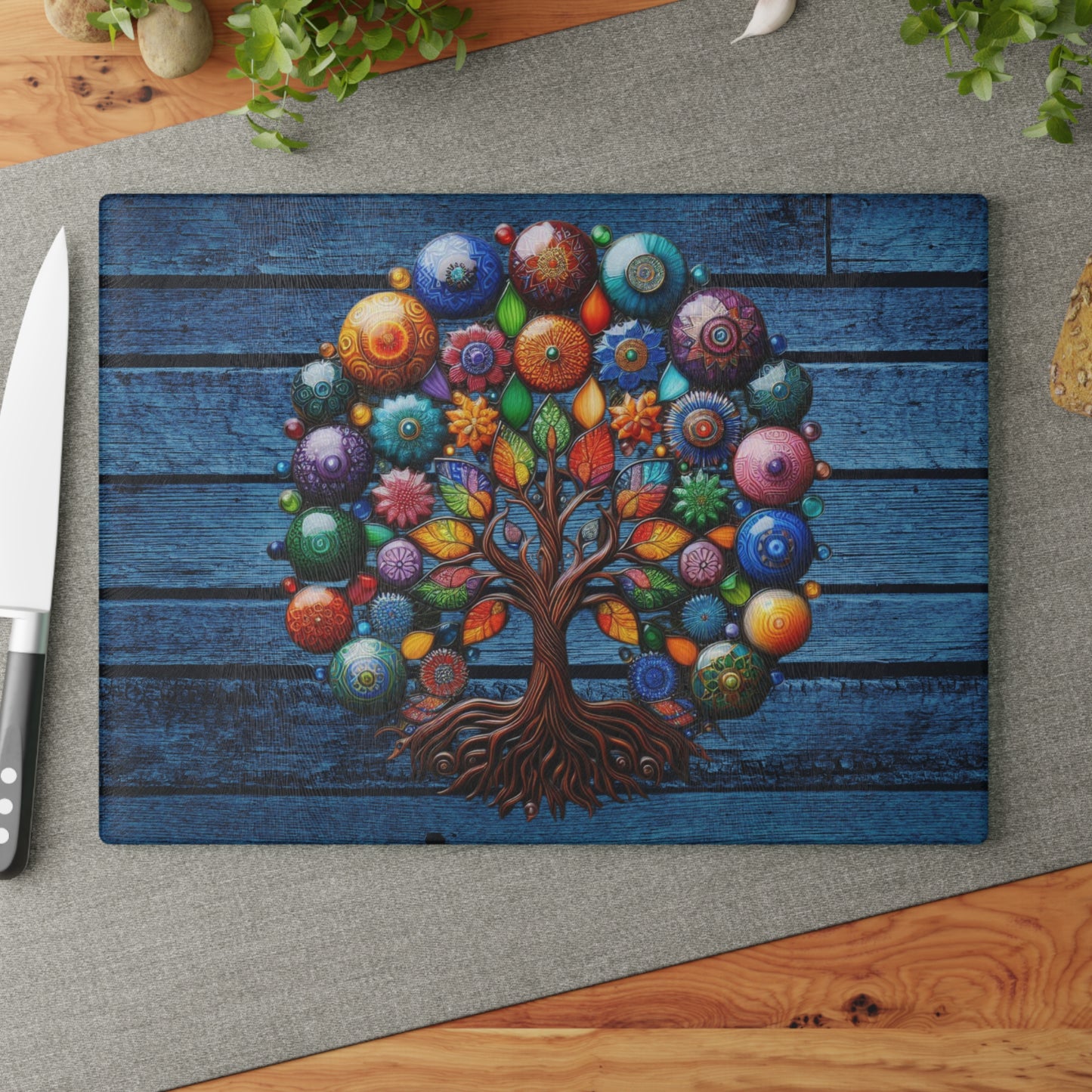Glass Kitchen Decor Glass Cutting Board Serving Tray with Tree of Life Design Cutting Board Gift for Home Cook Glass Charcuterie Board