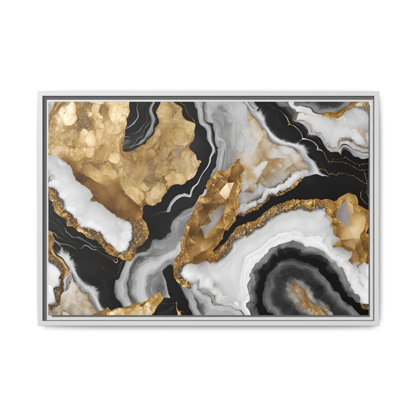 Black White and Gold Quartz Crystal Geode Design Print Matte Canvas Wall Art Nature Lover Gift Geology Rock Lover Gift 3 frame color choices