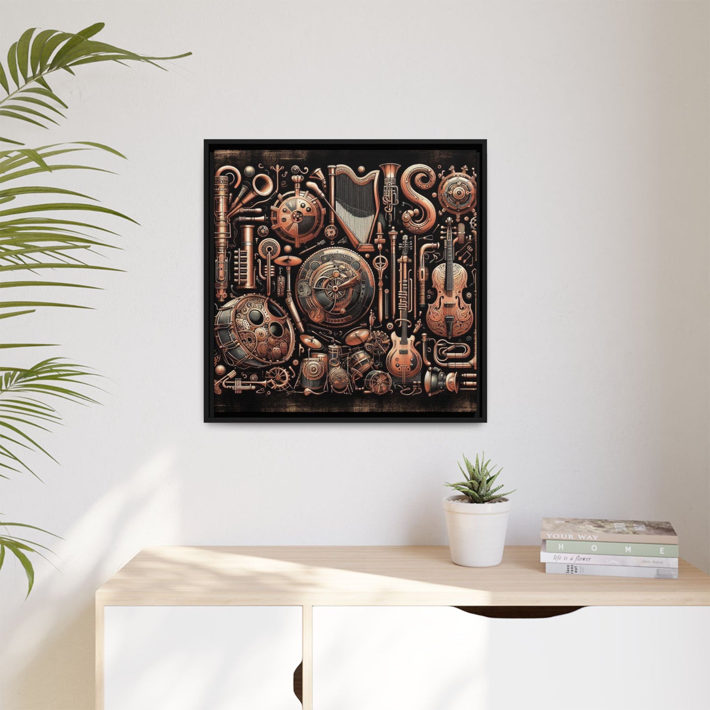Modern Music-Themed Steampunk Style Print Abstract Design Unique Framed Canvas Print Wall Art Music Lover Gift Decor 3 frame colors