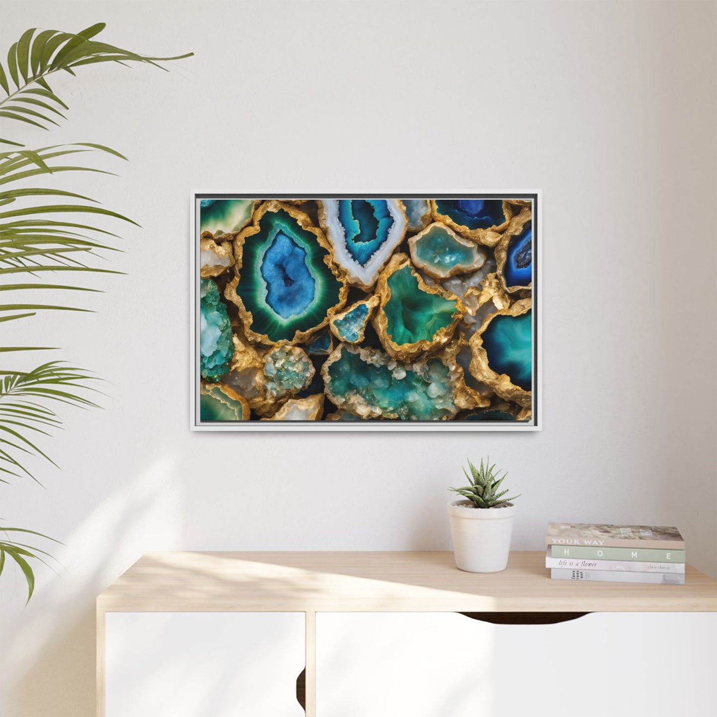 Blue, Green and Gold Quartz Crystal Geode Design Print Matte Canvas Wall Art Nature Lover Gift Geology Rock Lover Gift 3 frame color choices