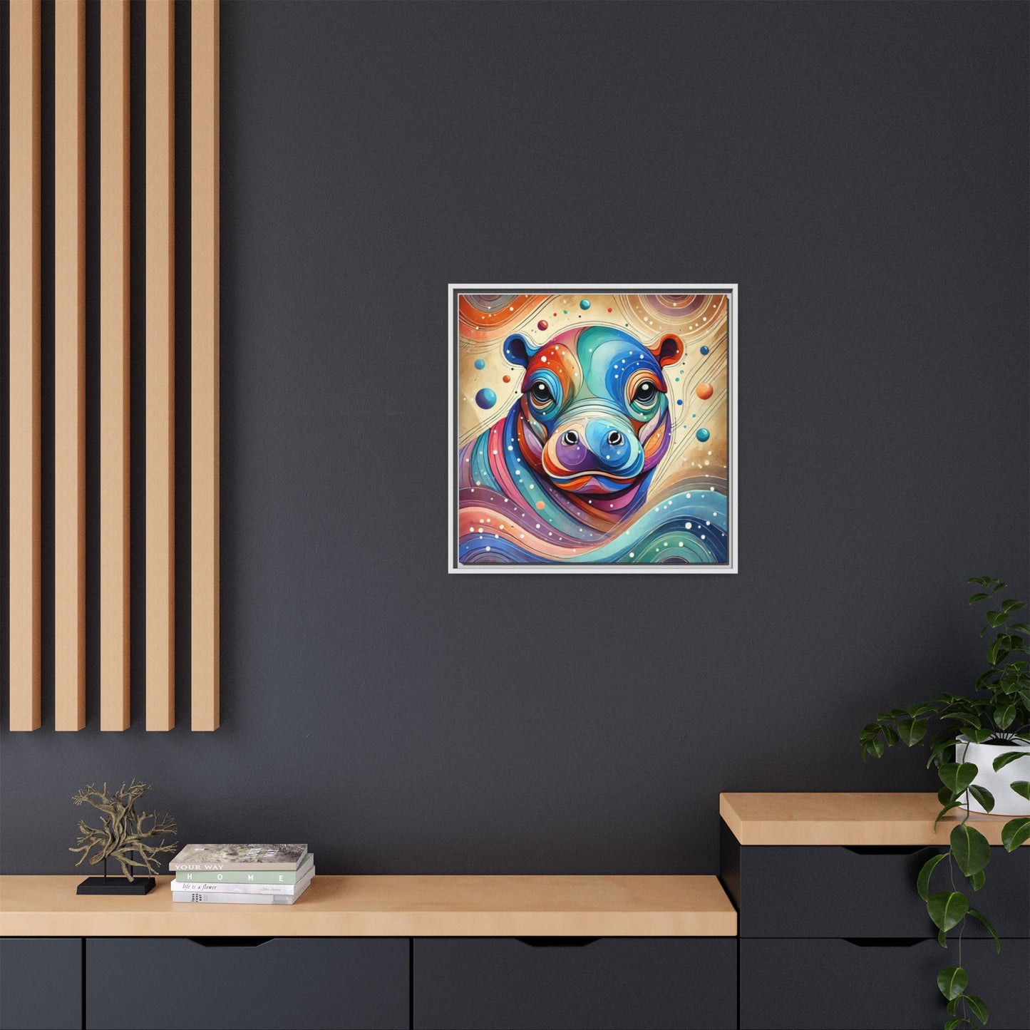 Modern Hippo Print Abstract Design Unique Framed Canvas Print Baby Hippo Wall Art Animal Lover Gift Nature Lover Decor 3 frame colors