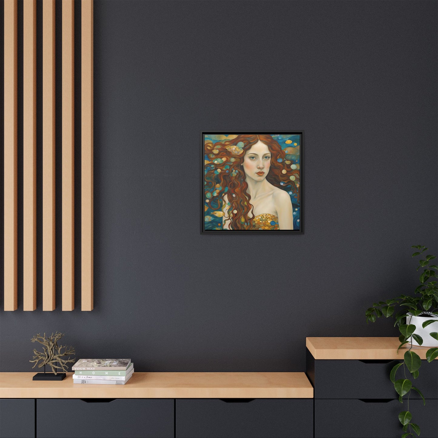 Modern Abstract Mermaid Design Unique Framed Canvas Oceanic Wall Art Underwater Gold Fish Anime Gift Nature Lover Gift 3 frame colors