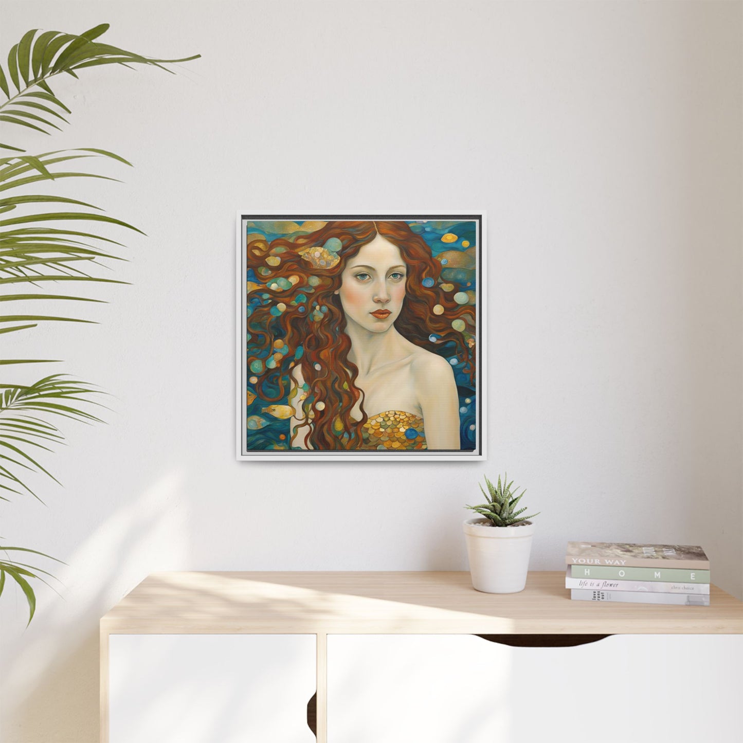 Modern Abstract Mermaid Design Unique Framed Canvas Oceanic Wall Art Underwater Gold Fish Anime Gift Nature Lover Gift 3 frame colors