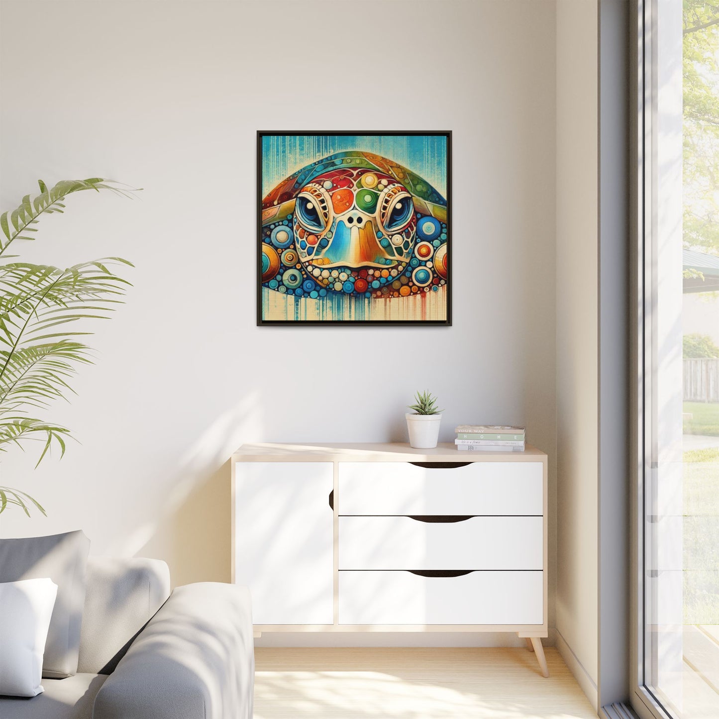 Modern Sea Turtle Print Abstract Design Unique Framed Canvas Print Oceanic Beachy Wall Art Animal Lover Nature Lover Decor 3 frame colors