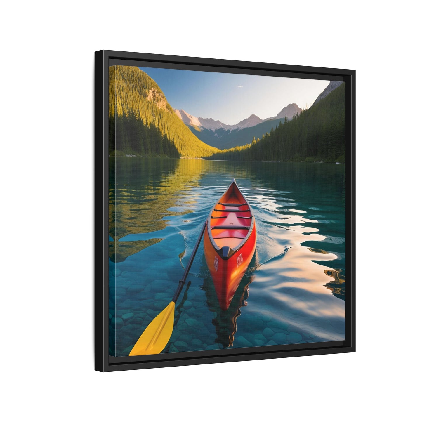 Canoe in the River Framed Canvas Wall Art Mountain Lover Outdoorsman Vacation Kayak Gift Nature Lover Peaceful Zen Gift 3 frame colors