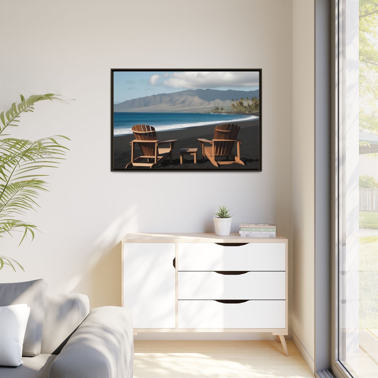 Chairs on the Maui Black Sand Beach Print Unique Framed Canvas Print Wall Art Gift Beachy Nature Lover Ocean Waves Decor 3 frame colors