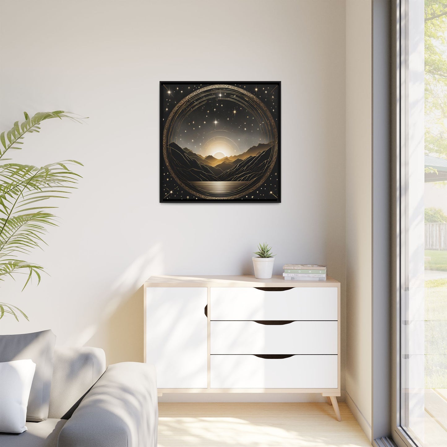 Boho Celestial Design Unique Framed Canvas Wall Art Sun and Stars Astrological Gift Nature Lover Gift Astronomy Gift 3 frame color choices