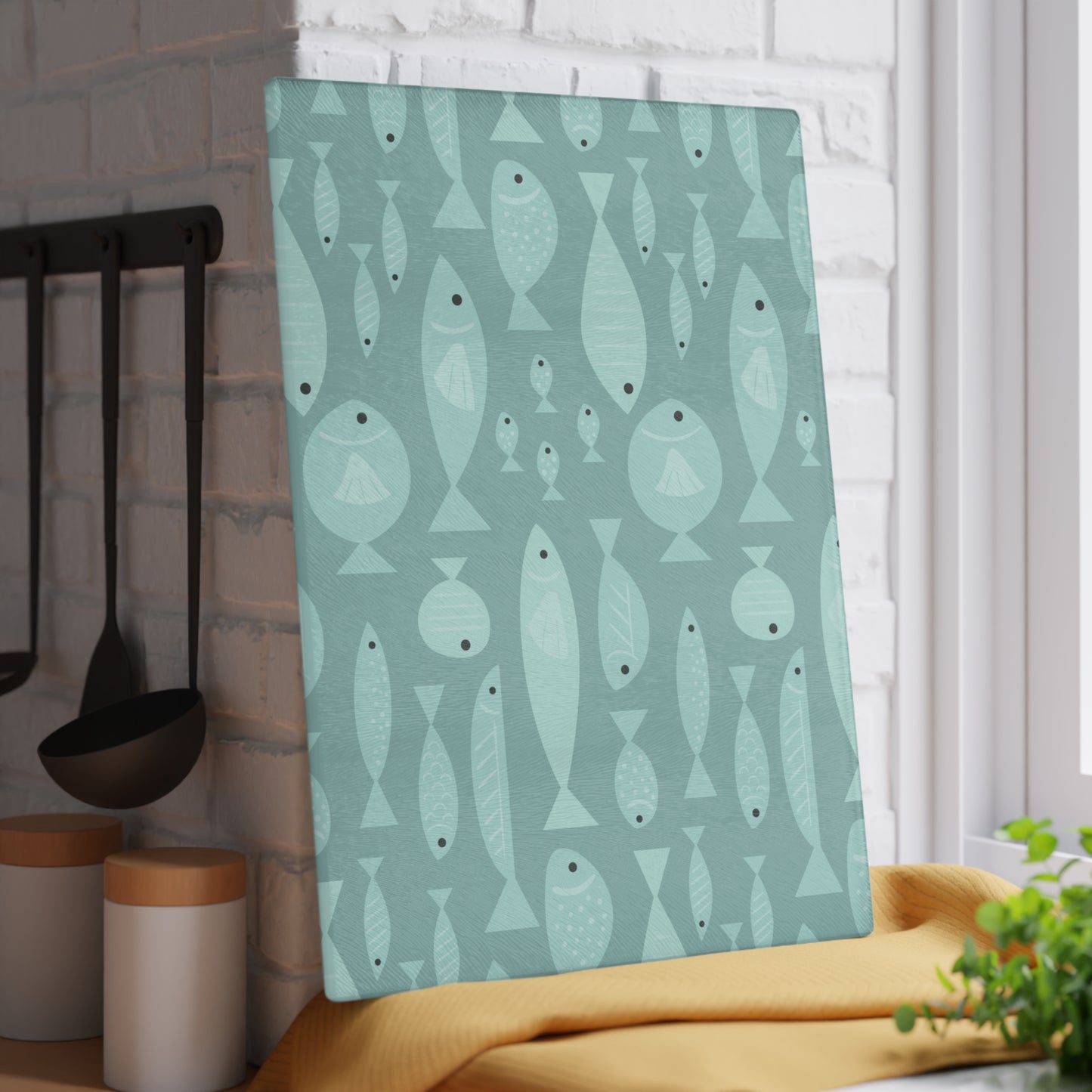 Beachy Kitchen Decor Glass Cutting Board Serving Tray with Fish Design Cutting Board Gift for Home Cook Fun Seafood Charcuterie Board