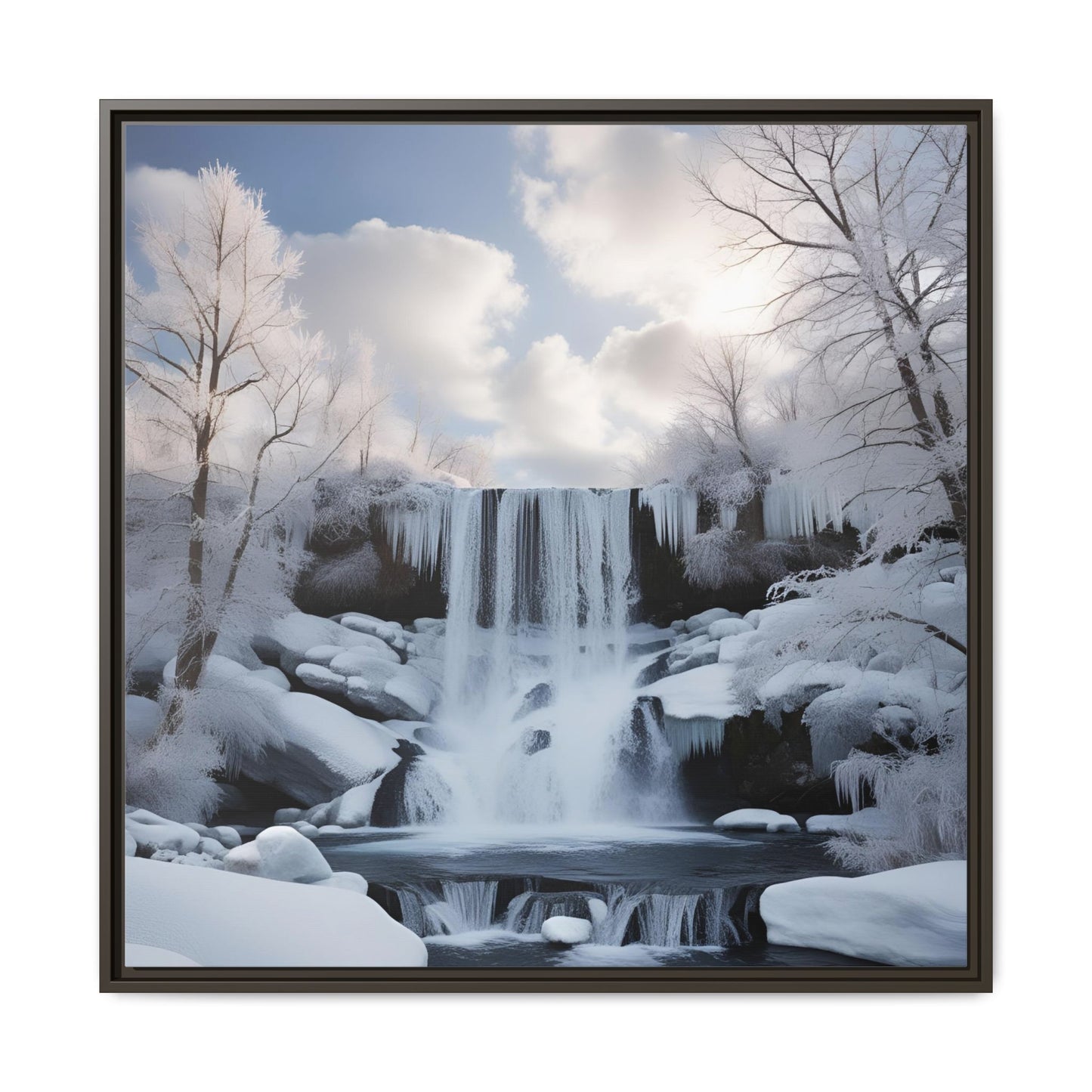 Modern Snowy Waterfall Design Unique Framed Canvas Wall Art Winter Scene Nature Lover Gift Mountain Landscape Decor Gift 3 frame colors