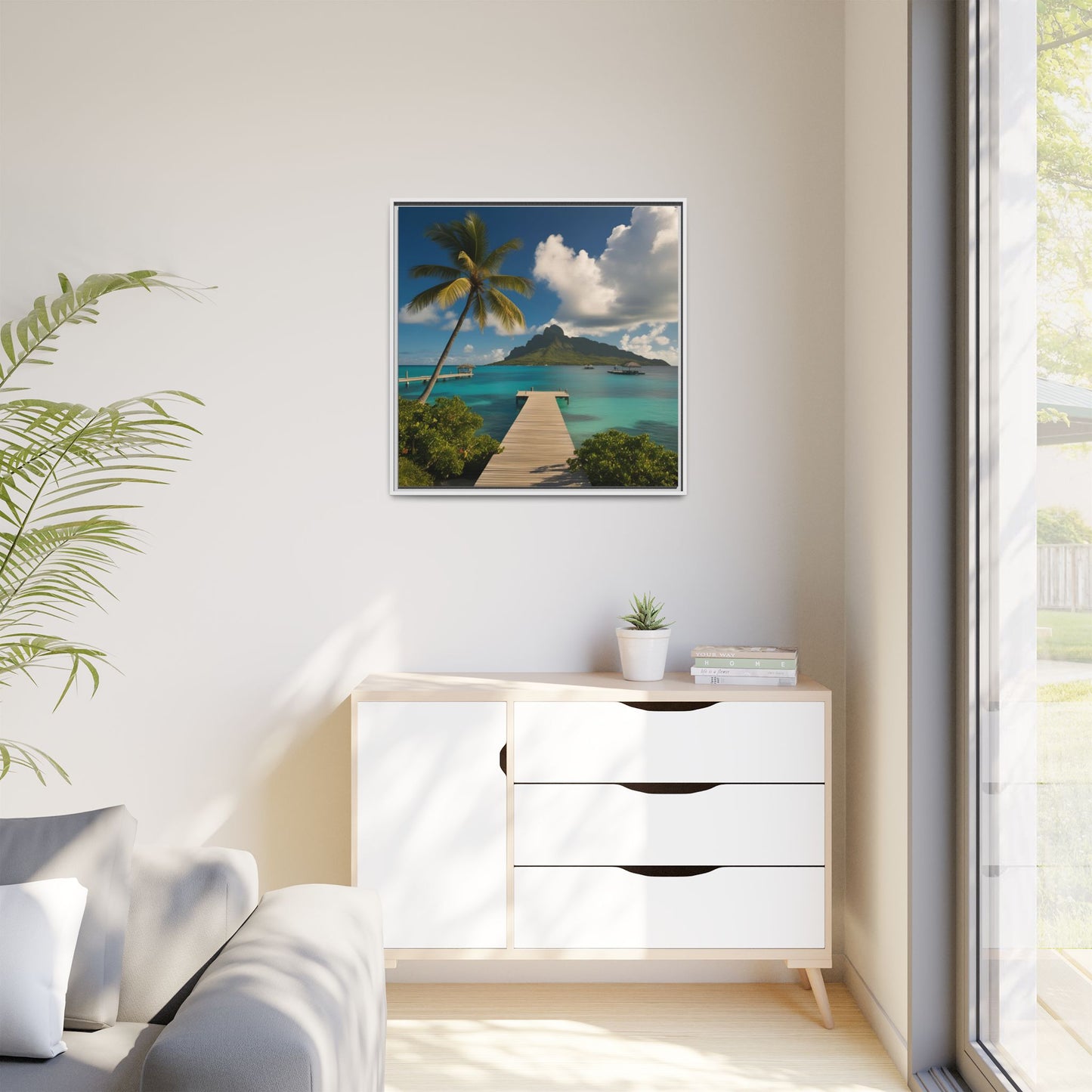 Tropical Island Calm Sunny Day Framed Canvas Wall Art Volcano Beach Vacation Oceanic Gift Nature Lover Peaceful Zen Gift 3 frame colors