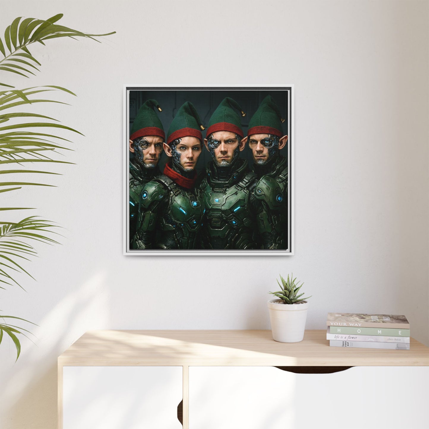 Cyber-Elves Print Modern AI Elf Design Unique Framed Canvas Sci-Fi Print Funny Christmas Elf Wall Art Gamer Gift Decor 3 frame colors