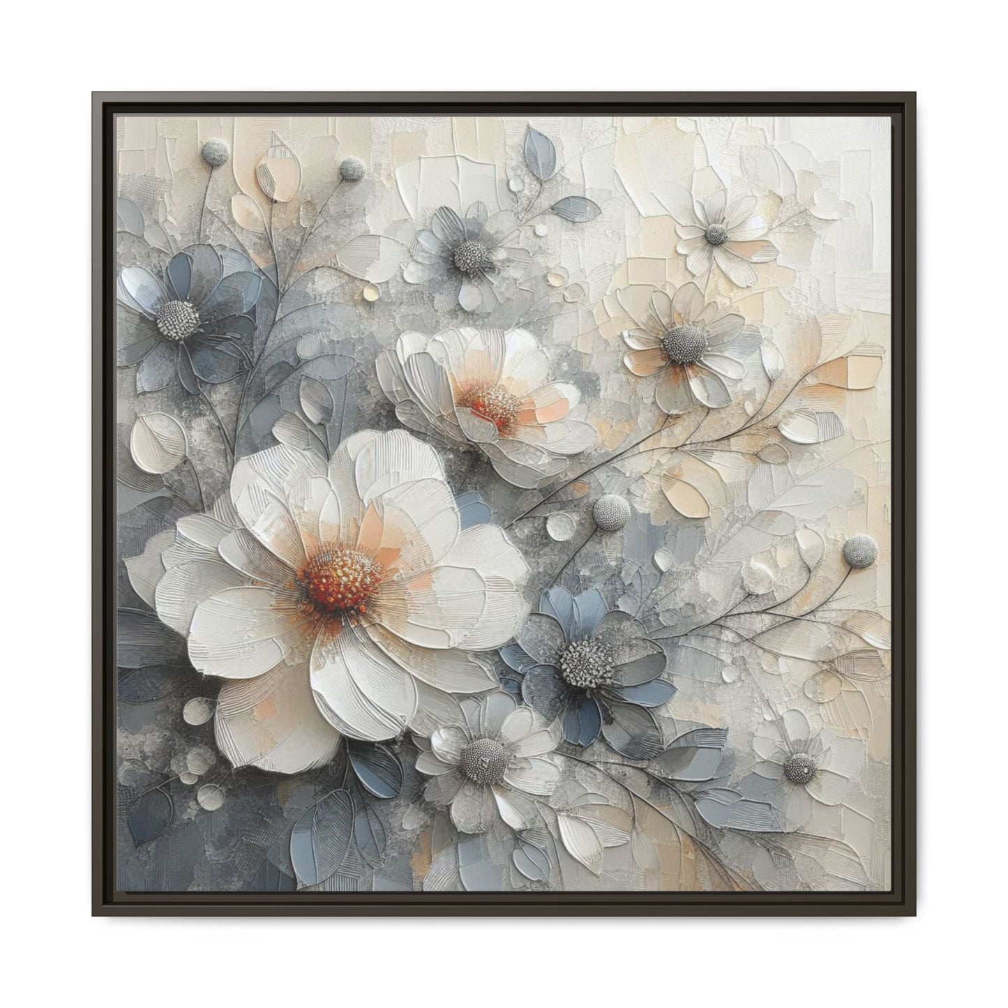 Modern Grey and White Floral Design Unique Framed Canvas Wall Art Flower Lover Gift Nature Lover Gift 3 frame colors