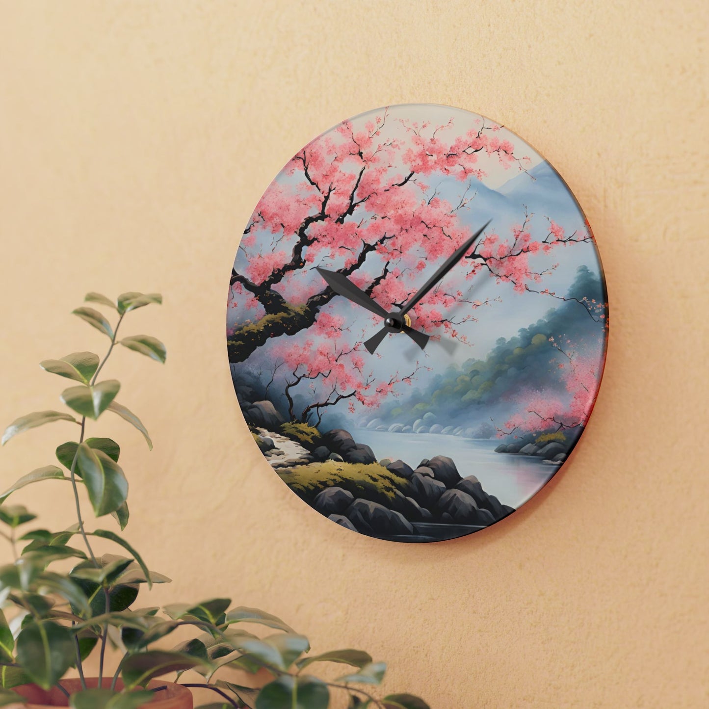 Asian Plum Blossom Design Acrylic Office Clock Unique Colorful Wall Clock for Kitchen or Living Room Nature Lover Gift Flower Art Design