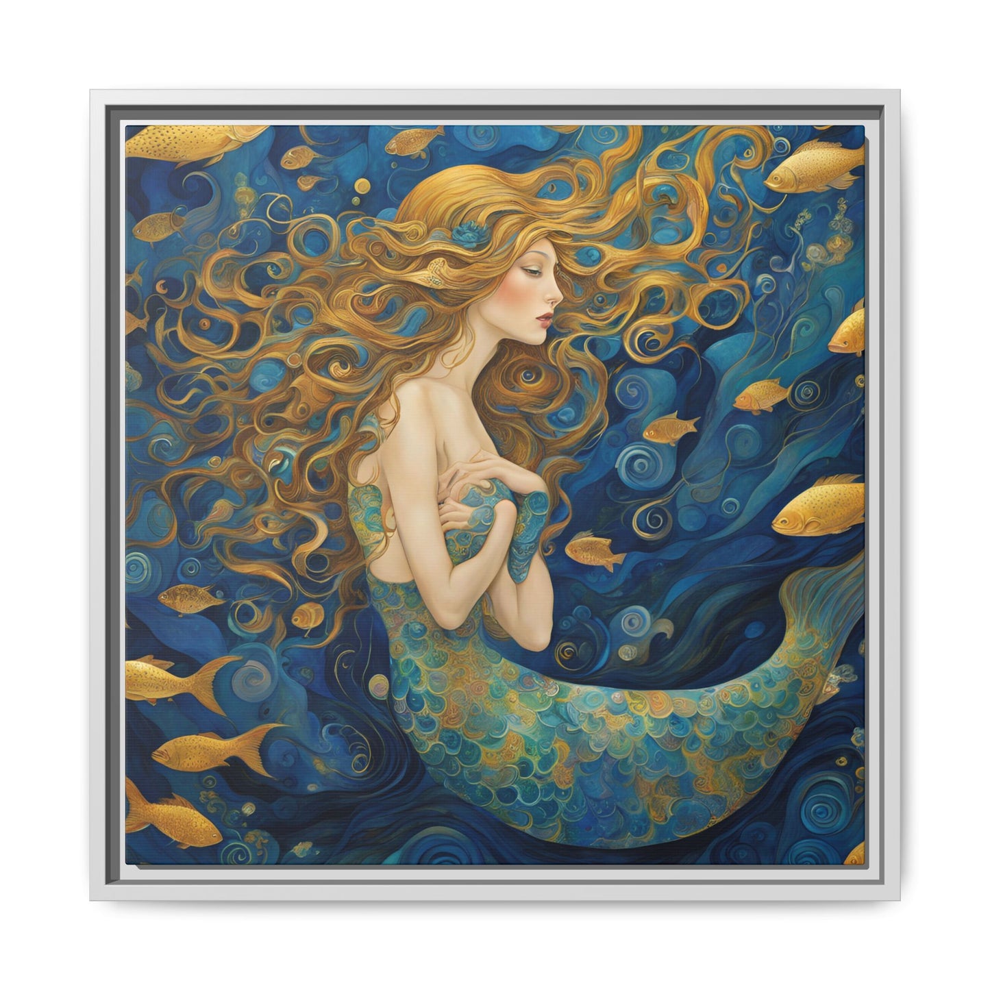 Modern Abstract Mermaid Design Unique Framed Canvas Oceanic Wall Art Underwater Gold Fish Anime Gift Nature Lover Gift 3 frame colors