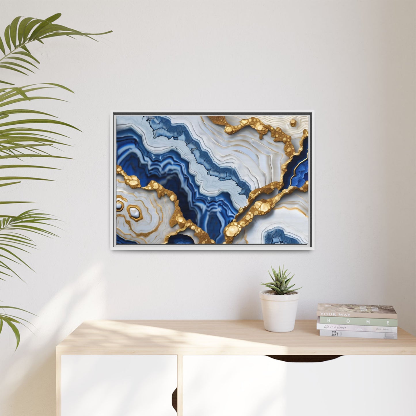 Blue, White and Gold Quartz Crystal Geode Design Print Matte Canvas Wall Art Nature Lover Gift Geology Rock Lover Gift 3 frame color choices
