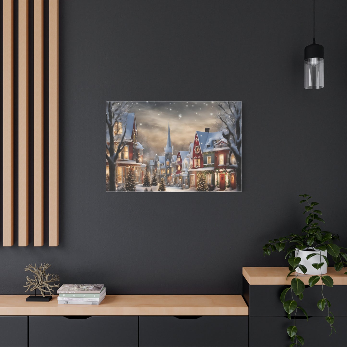 Country Town Winter Scene Print Wall Art | Matte Canvas, Stretched, 1.25" | Holiday Themed Gift
