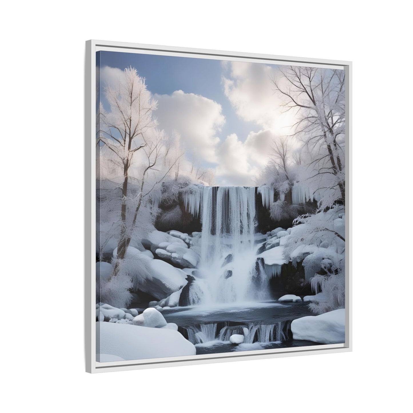 Modern Snowy Waterfall Design Unique Framed Canvas Wall Art Winter Scene Nature Lover Gift Mountain Landscape Decor Gift 3 frame colors