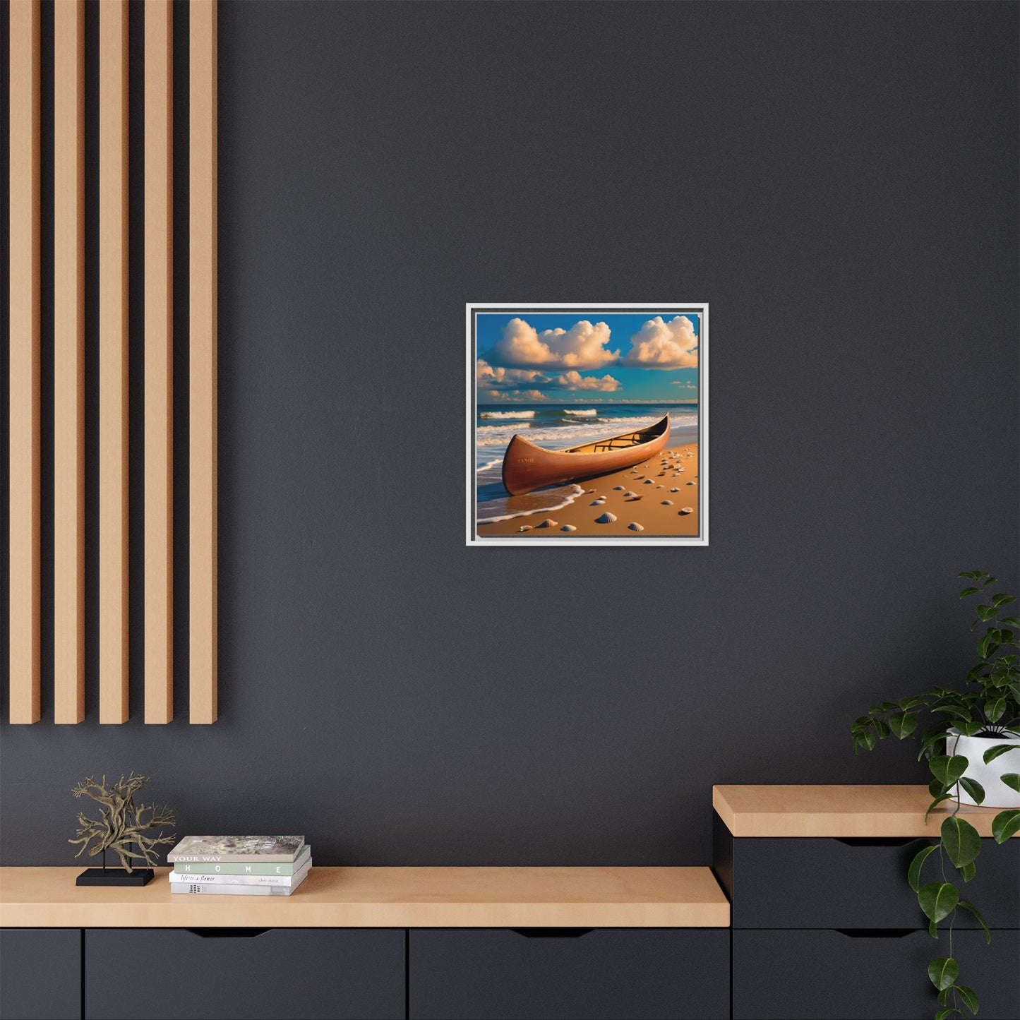 Canoe on the Beach Calm Sunny Day Framed Canvas Wall Art Beach Lover Vacation Oceanic Gift Nature Lover Peaceful Zen Gift 3 frame colors