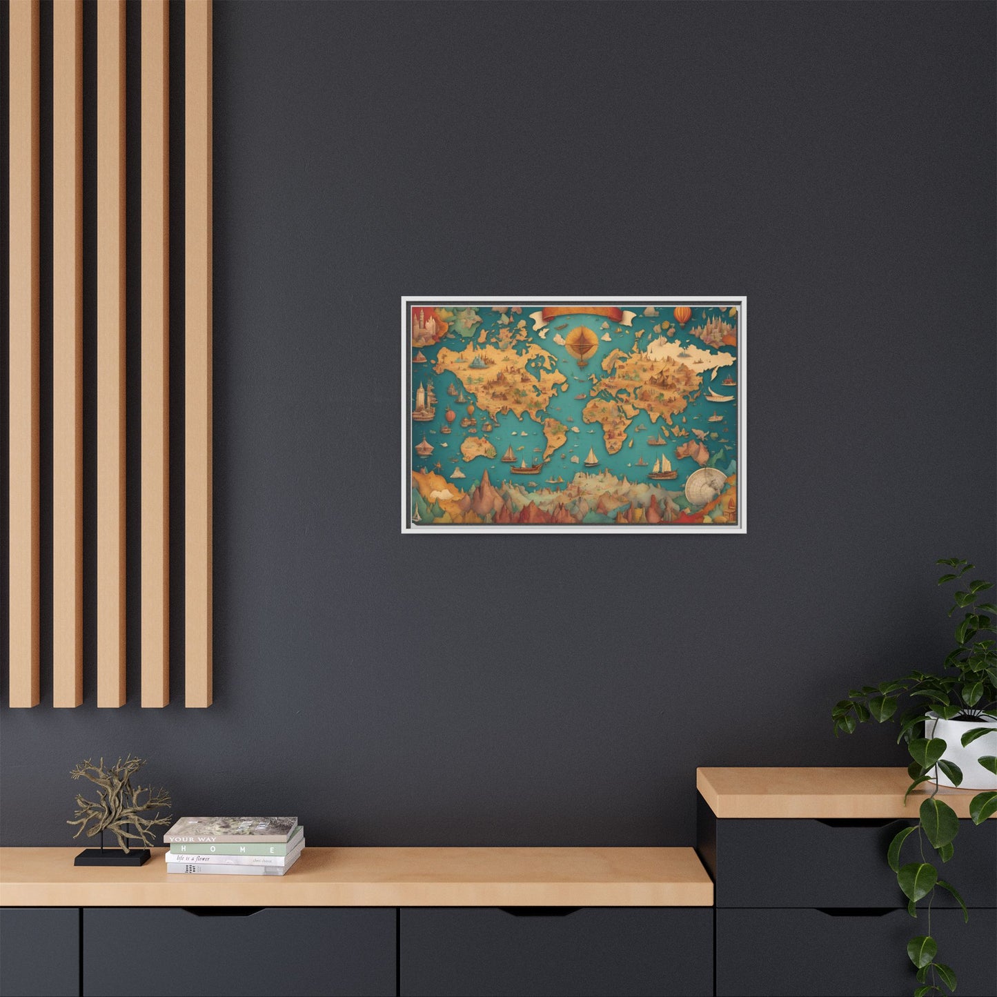 Old World Style Adventurers and Discoverers Global World Map Ships and Castles Print Matte Canvas Wall Art 3 frame colors to choose from