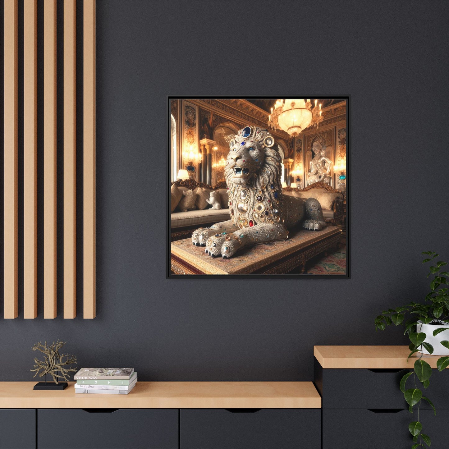 Bejeweled Lion Framed Canvas Print Wall Art Unique Fashion Designer Haute Couture Fashionista Animal Lover Gift Decor 3 Frame Colors