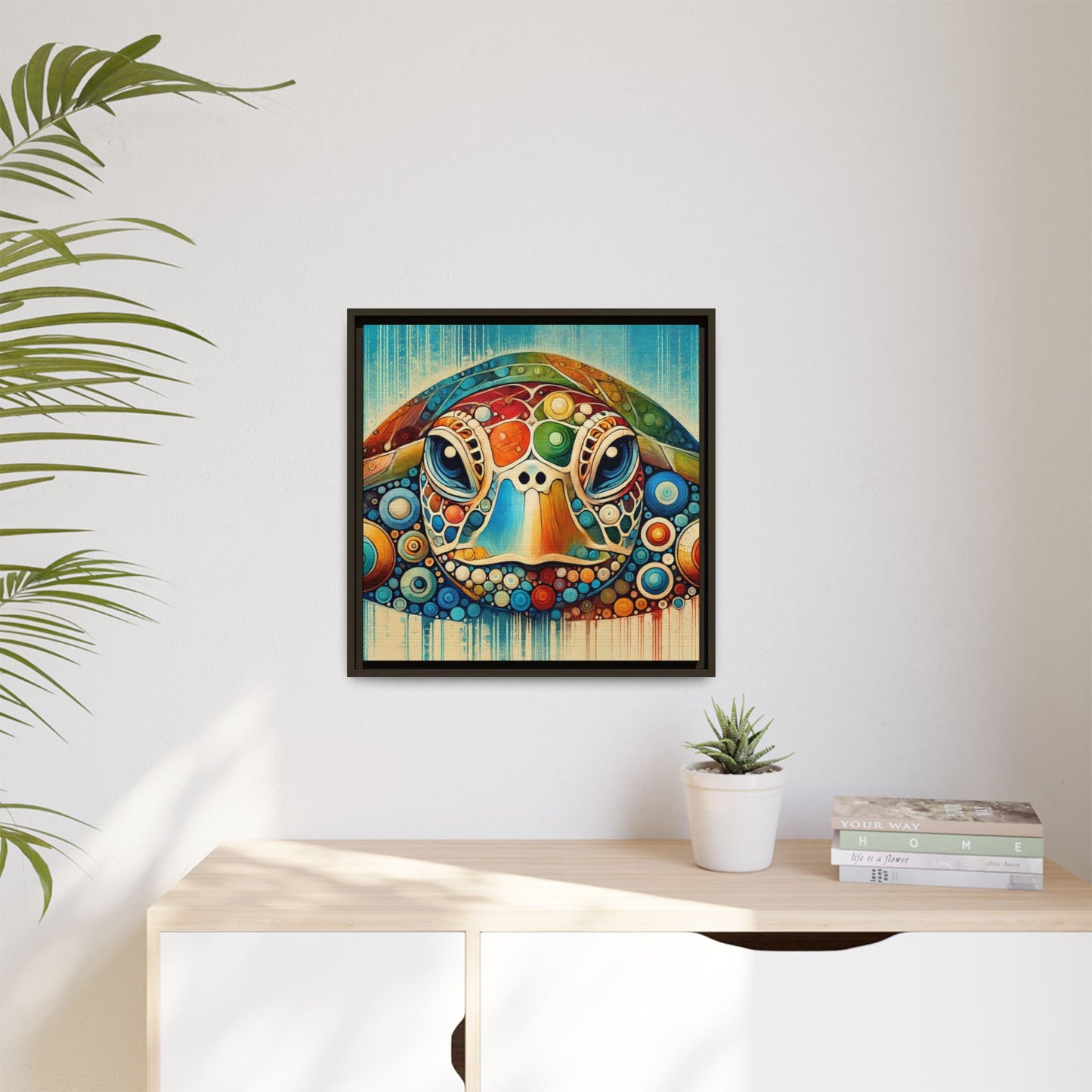 Modern Sea Turtle Print Abstract Design Unique Framed Canvas Print Oceanic Beachy Wall Art Animal Lover Nature Lover Decor 3 frame colors