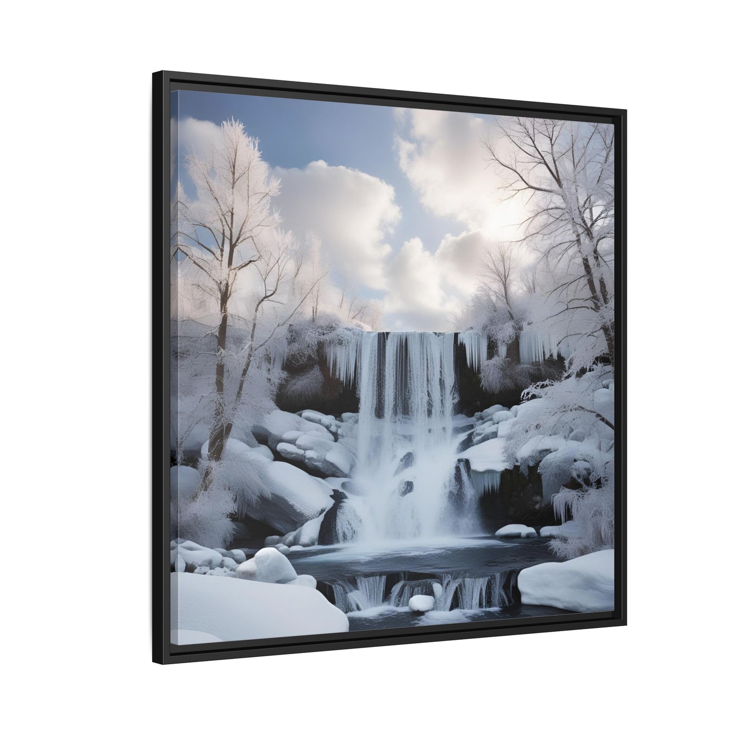 Modern Snowy Waterfall Design Unique Framed Canvas Wall Art Winter Scene Nature Lover Gift Mountain Landscape Decor Gift 3 frame colors