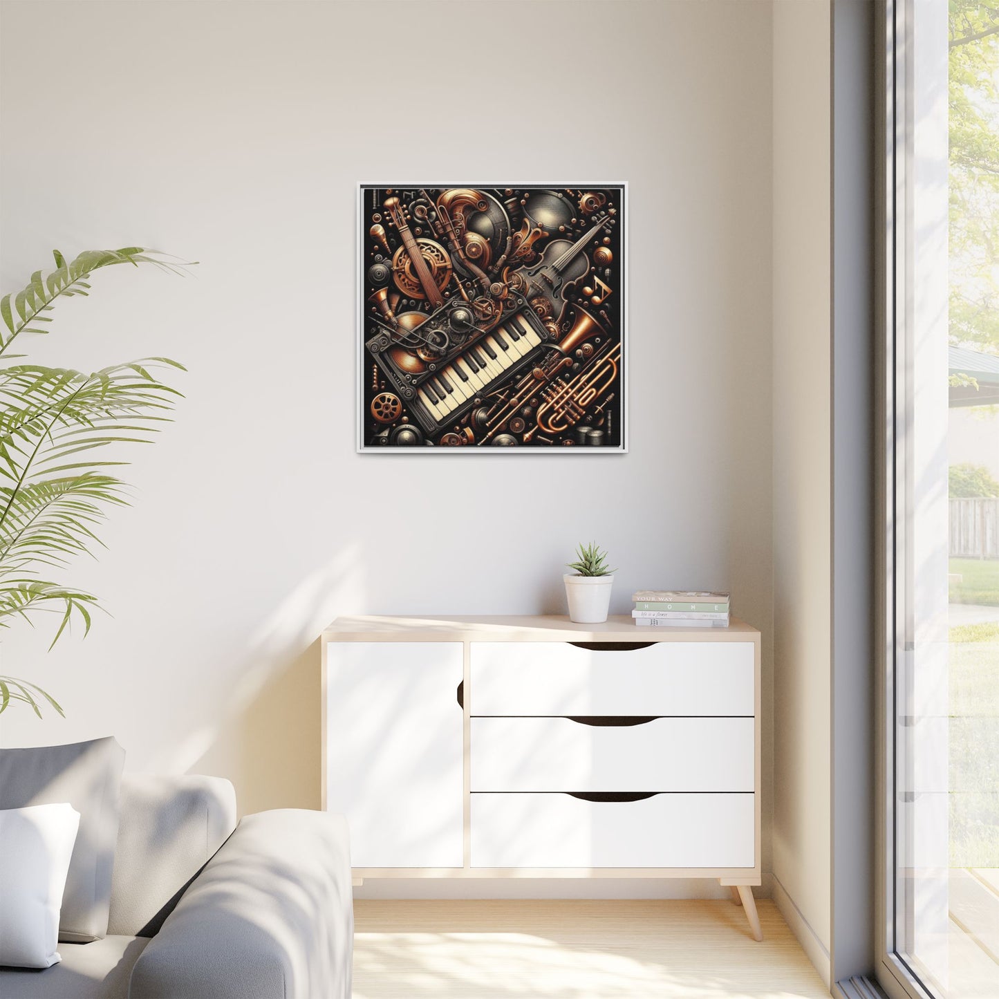 Modern Music-Themed Steampunk Style Print Abstract Design Unique Framed Canvas Print Wall Art Music Lover Gift Decor 3 frame colors
