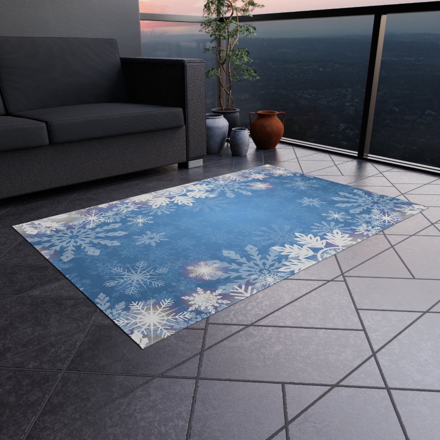 Snowflake Print Chenille Outdoor Rug with No-Skid Backing Cozy Outdoor Carpet Patio Decor Gazebo Rug Pool Area Decor Outdoor Kitchen Carpet