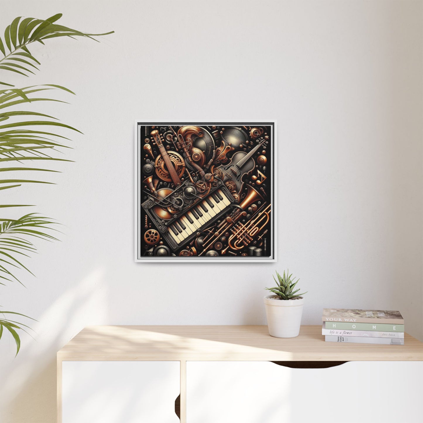 Modern Music-Themed Steampunk Style Print Abstract Design Unique Framed Canvas Print Wall Art Music Lover Gift Decor 3 frame colors