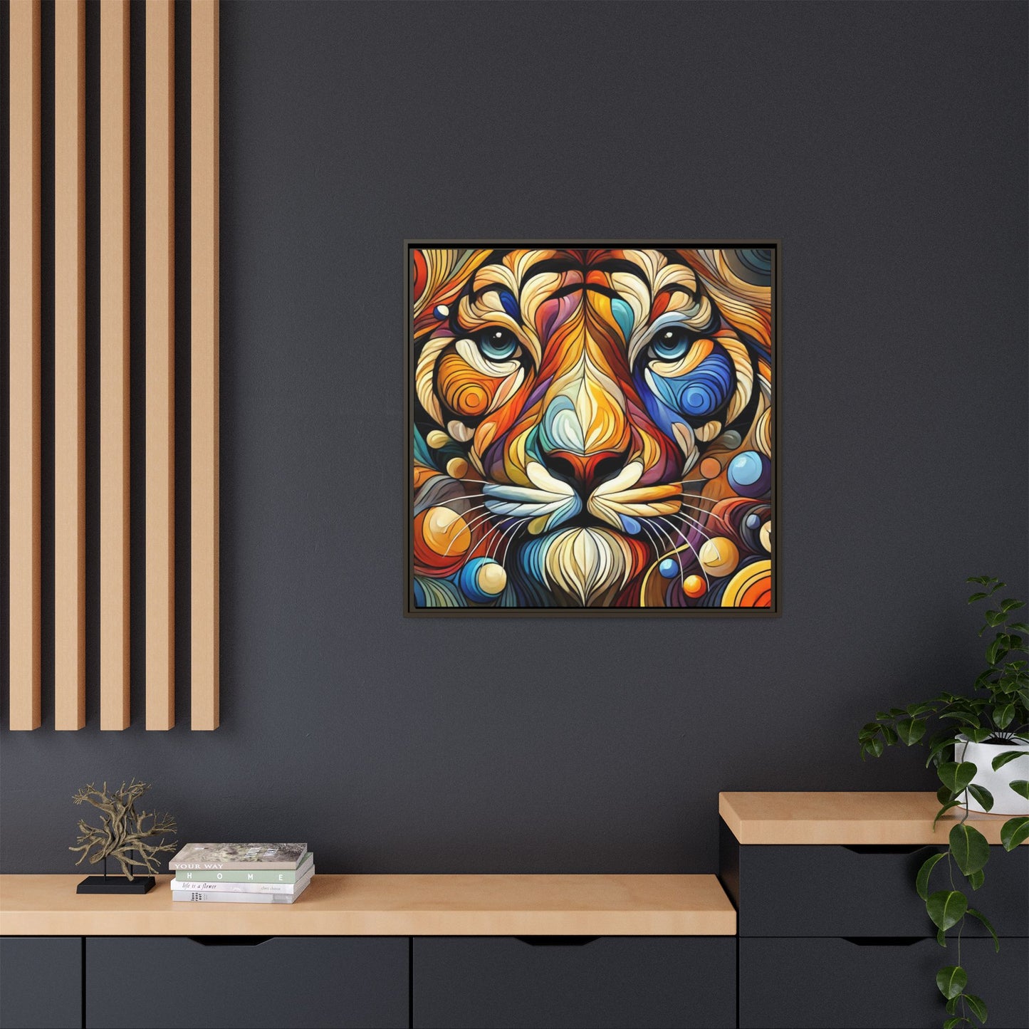 Modern Lion Face Print Abstract Design Unique Framed Canvas Print King of Jungle Wall Art Animal Lover Nature Lover Decor 3 frame colors